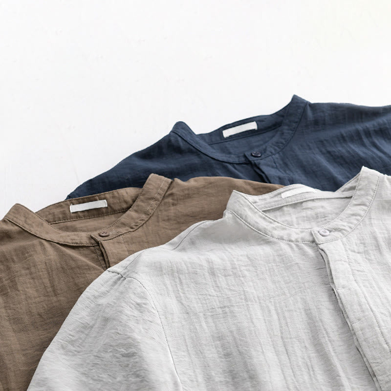 Nimara Ritual Summer Casual Tang Style Mandarin Collar Half Buttons Solid Men's Short Sleeve Shirts With Decorative Pocket