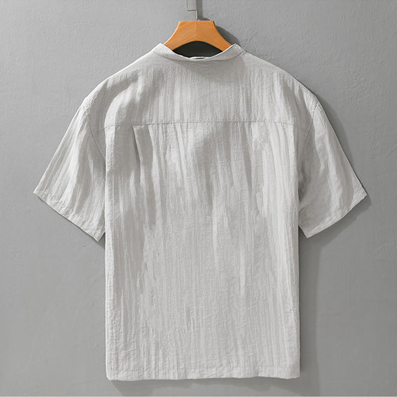 Nimara Ritual Summer Casual Tang Style Mandarin Collar Half Buttons Solid Men's Short Sleeve Shirts With Decorative Pocket