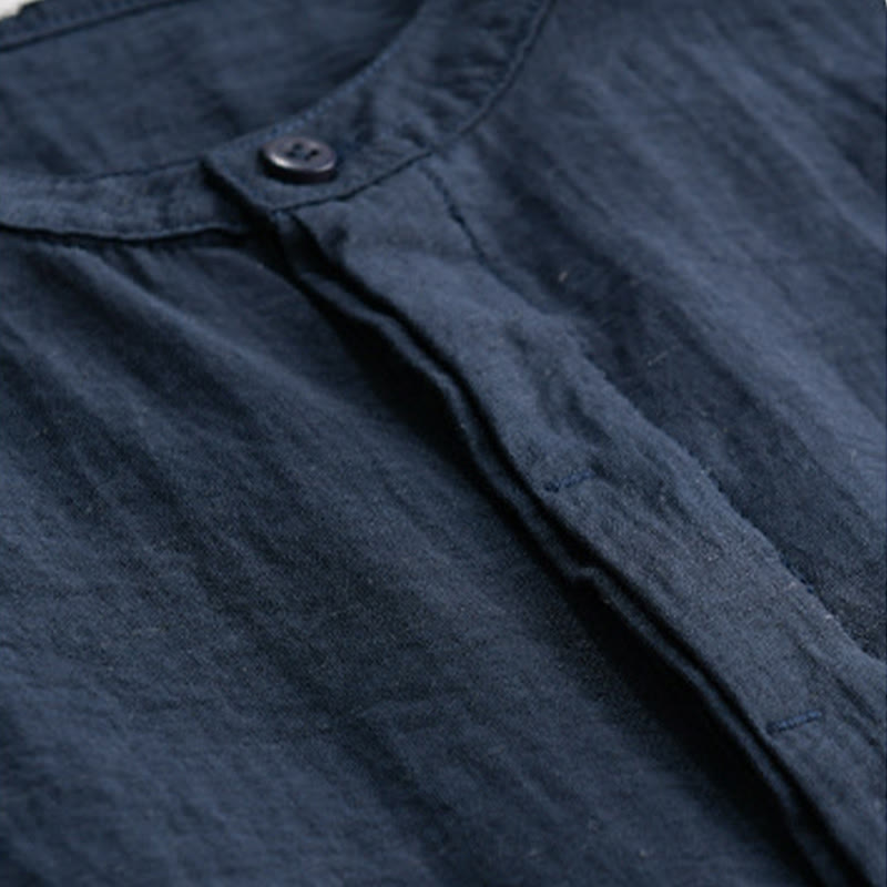 Nimara Ritual Summer Casual Tang Style Mandarin Collar Half Buttons Solid Men's Short Sleeve Shirts With Decorative Pocket