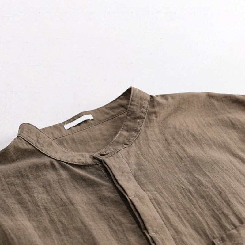 Nimara Ritual Summer Casual Tang Style Mandarin Collar Half Buttons Solid Men's Short Sleeve Shirts With Decorative Pocket