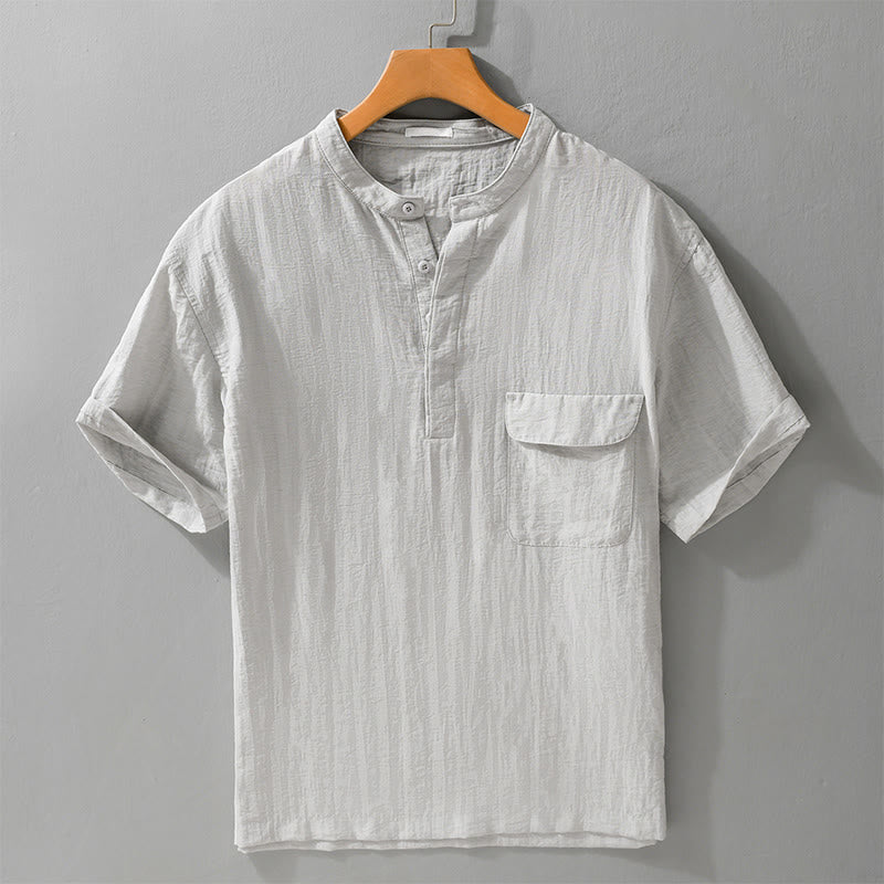 Nimara Ritual Summer Casual Tang Style Mandarin Collar Half Buttons Solid Men's Short Sleeve Shirts With Decorative Pocket