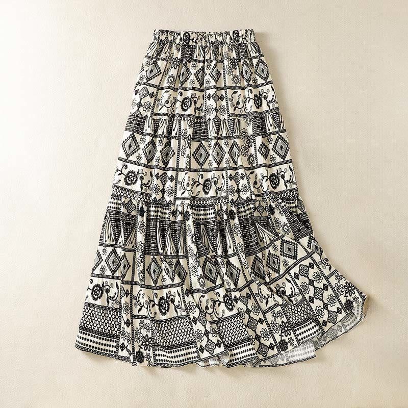 Nimara Ritual Summer Bohemian Casual Black Beige Geometric Floral Women's Skirt