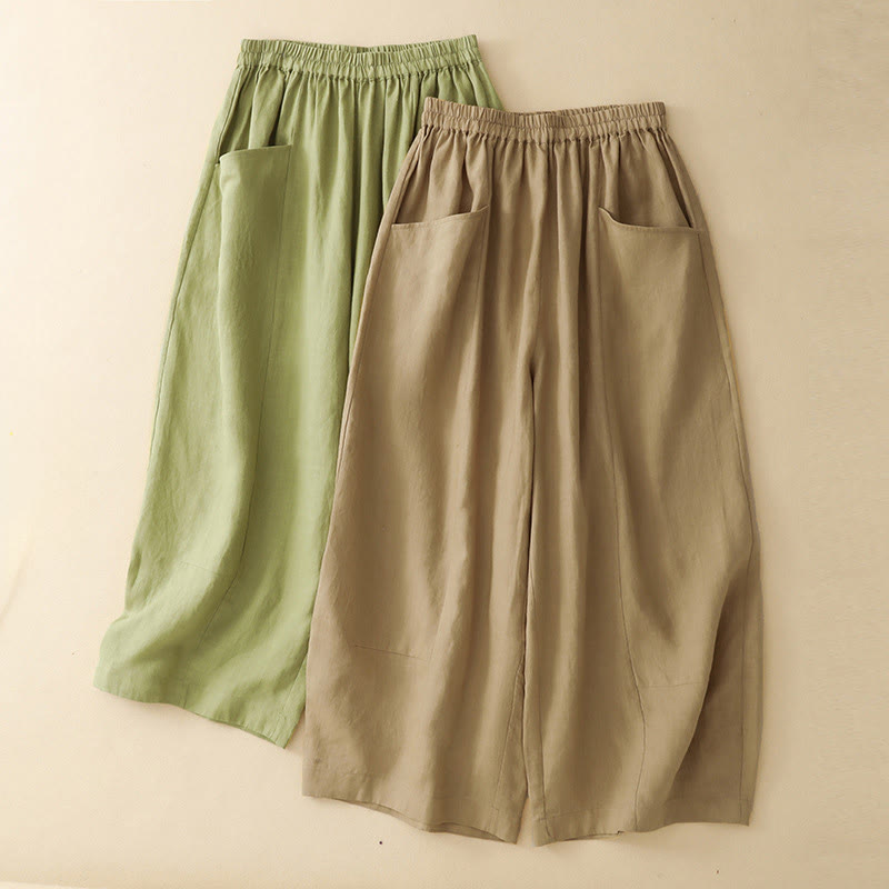 Nimara Ritual Summer Casual Solid Elastic Waist Cropped Pants Women's Wide Leg Pants With Pockets