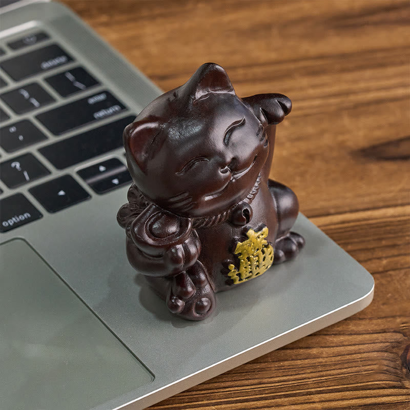 Nimara Ritual Attract Wealth Lucky Cat Ebony Wood Carved Blessing Decoration