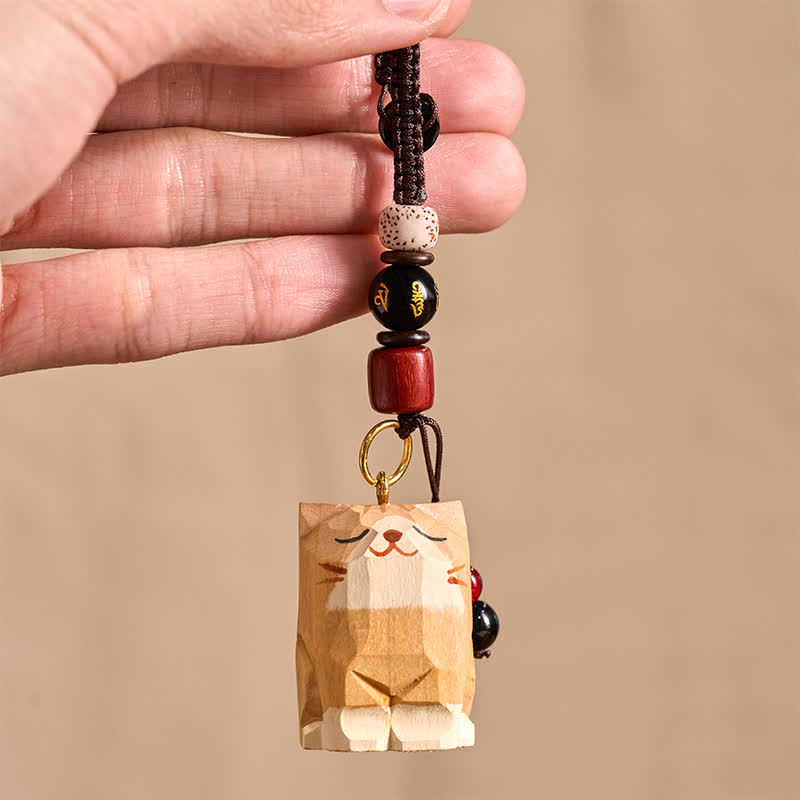Nimara Ritual Hand Carved Wooden Cat Om Mani Padme Hum Peace Keychains