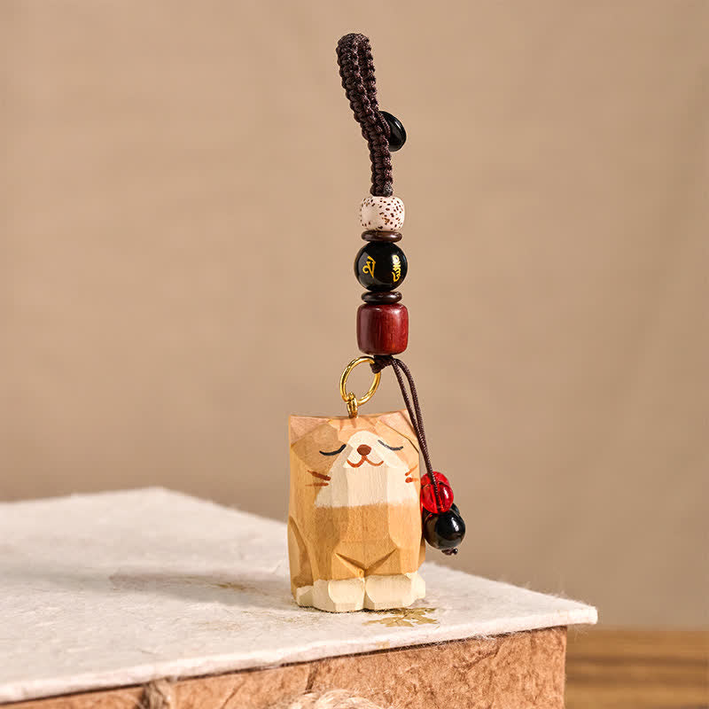 Nimara Ritual Hand Carved Wooden Cat Om Mani Padme Hum Peace Keychains
