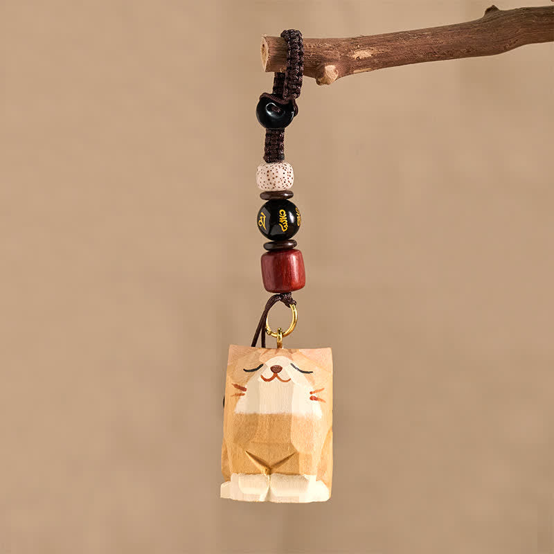 Nimara Ritual Hand Carved Wooden Cat Om Mani Padme Hum Peace Keychains