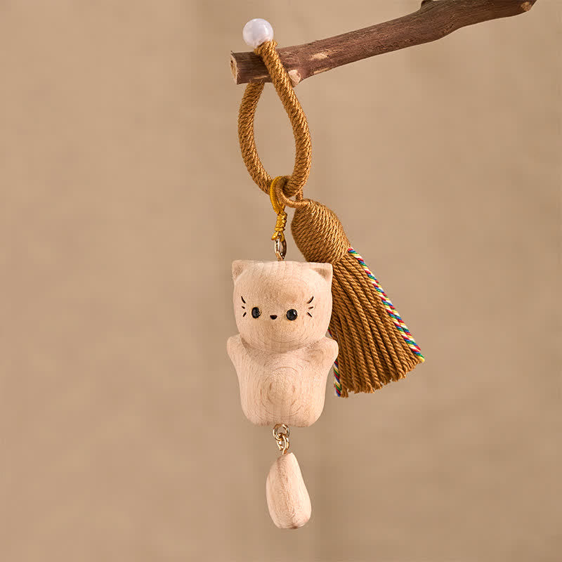 Nimara Ritual Beech Wood Lucky Cat Handmade Tassel Keychains