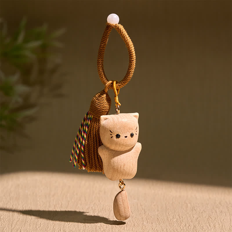 Nimara Ritual Beech Wood Lucky Cat Handmade Tassel Keychains