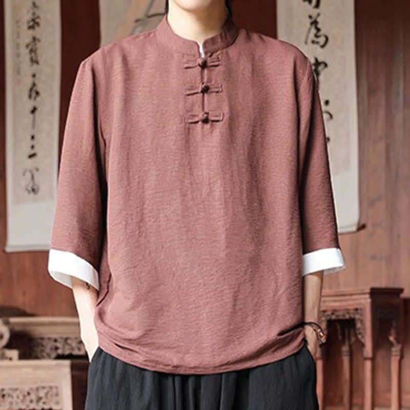 Nimara Ritual Summer Tang Style Vintage Mandarin Collar Frog Button Solid Men's Elbow-Length Sleeve Shirts