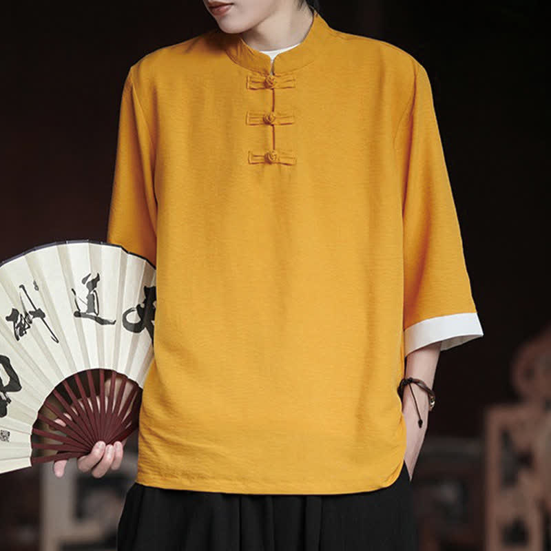 Nimara Ritual Summer Tang Style Vintage Mandarin Collar Frog Button Solid Men's Elbow-Length Sleeve Shirts