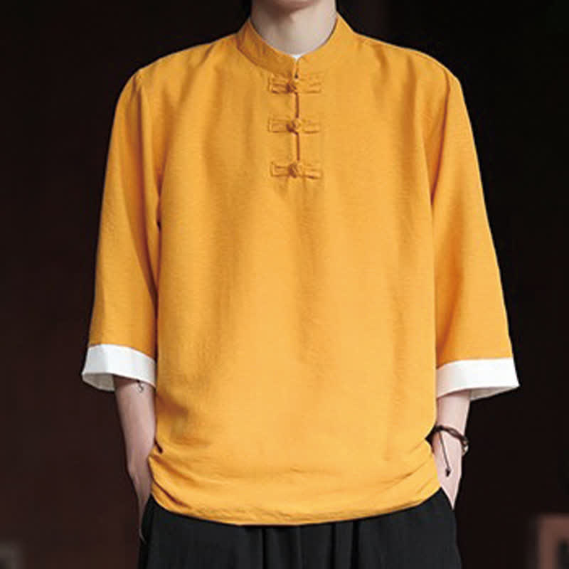 Nimara Ritual Summer Tang Style Vintage Mandarin Collar Frog Button Solid Men's Elbow-Length Sleeve Shirts