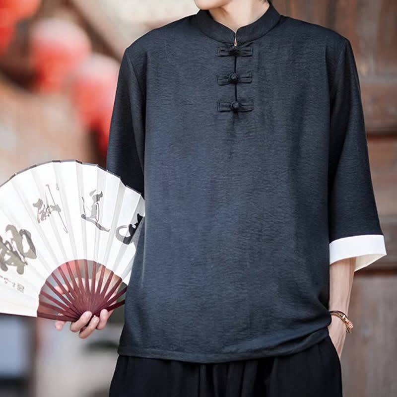 Nimara Ritual Summer Tang Style Vintage Mandarin Collar Frog Button Solid Men's Elbow-Length Sleeve Shirts