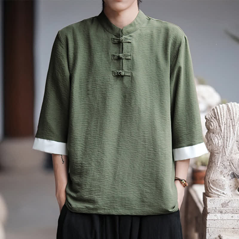 Nimara Ritual Summer Tang Style Vintage Mandarin Collar Frog Button Solid Men's Elbow-Length Sleeve Shirts