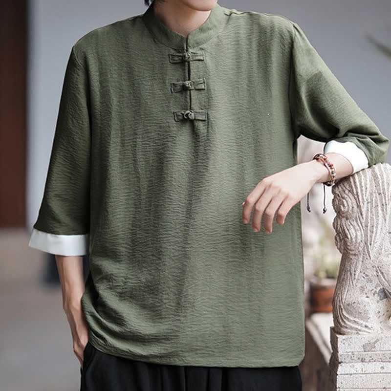 Nimara Ritual Summer Tang Style Vintage Mandarin Collar Frog Button Solid Men's Elbow-Length Sleeve Shirts