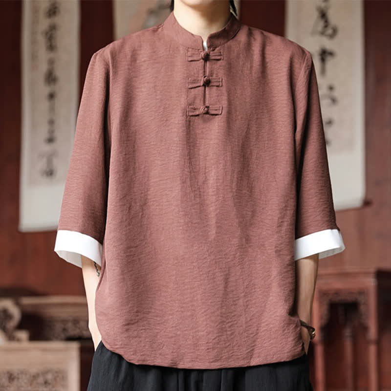 Nimara Ritual Summer Tang Style Vintage Mandarin Collar Frog Button Solid Men's Elbow-Length Sleeve Shirts