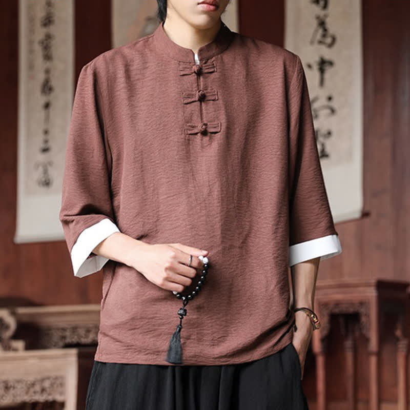 Nimara Ritual Summer Tang Style Vintage Mandarin Collar Frog Button Solid Men's Elbow-Length Sleeve Shirts