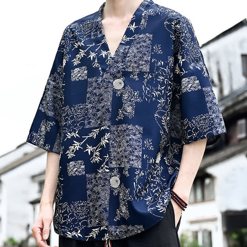 Nimara Ritual Summer Casual Tang Style Floral V-Neck Men's Short Sleeve T-Shirts