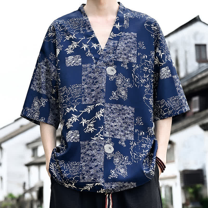 Nimara Ritual Summer Casual Tang Style Floral V-Neck Men's Short Sleeve T-Shirts