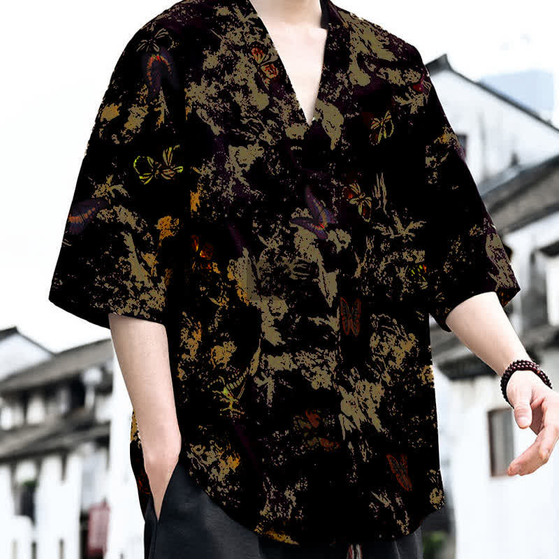 Nimara Ritual Summer Casual Tang Style Floral V-Neck Men's Short Sleeve T-Shirts