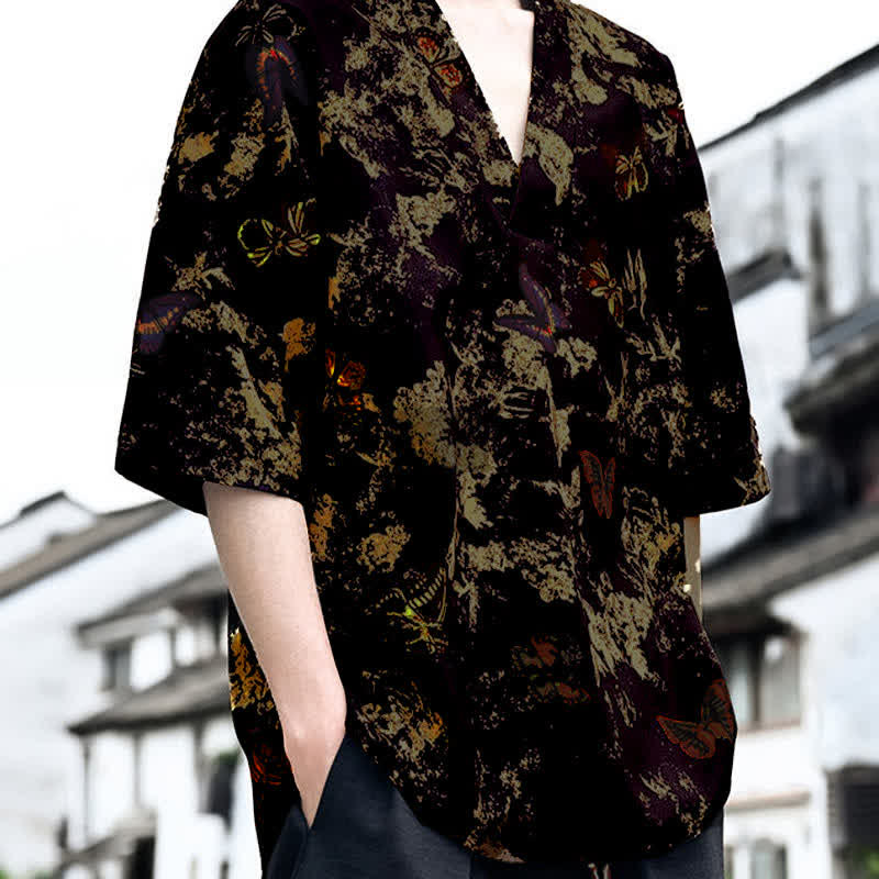 Nimara Ritual Summer Casual Tang Style Floral V-Neck Men's Short Sleeve T-Shirts