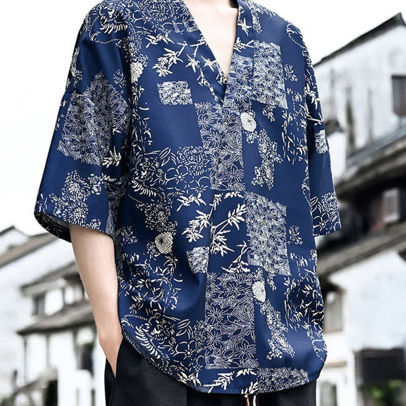 Nimara Ritual Summer Casual Tang Style Floral V-Neck Men's Short Sleeve T-Shirts
