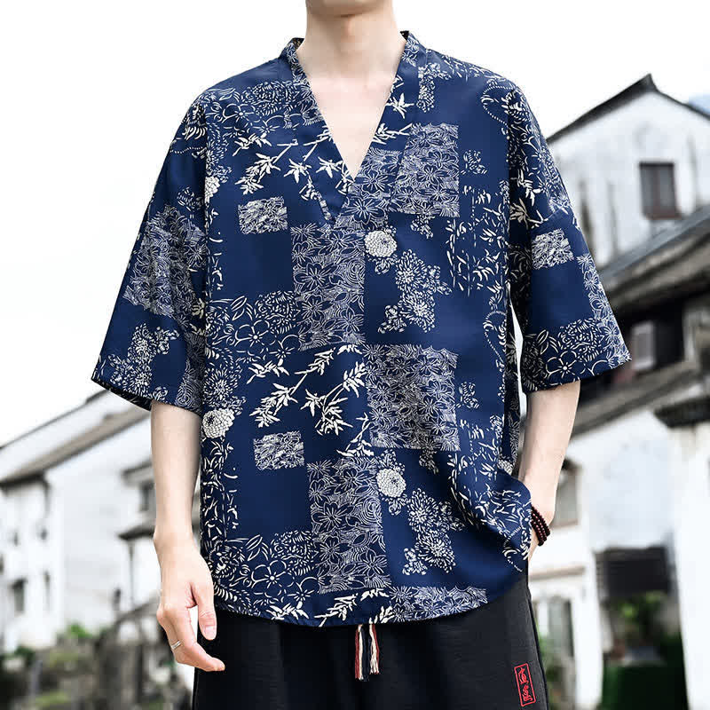 Nimara Ritual Summer Casual Tang Style Floral V-Neck Men's Short Sleeve T-Shirts