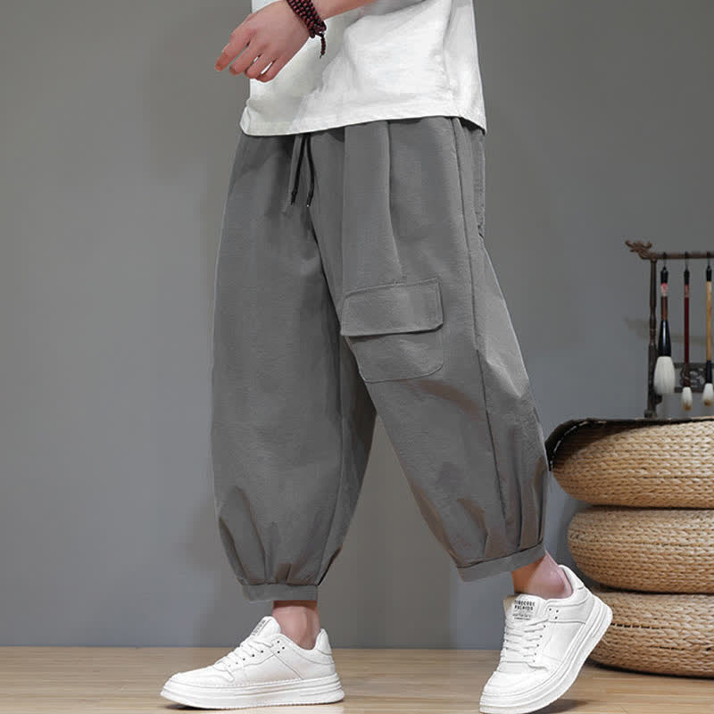 Nimara Ritual Summer Casual Minimalist Drawstring Solid Capri Pants Men's Harem Pants With Pockets