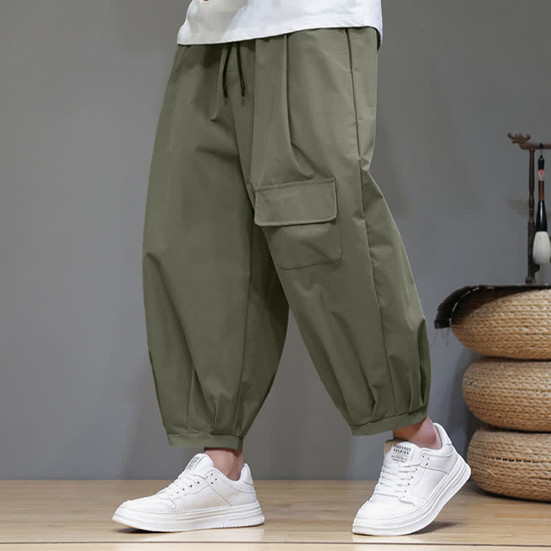 Nimara Ritual Summer Casual Minimalist Drawstring Solid Capri Pants Men's Harem Pants With Pockets
