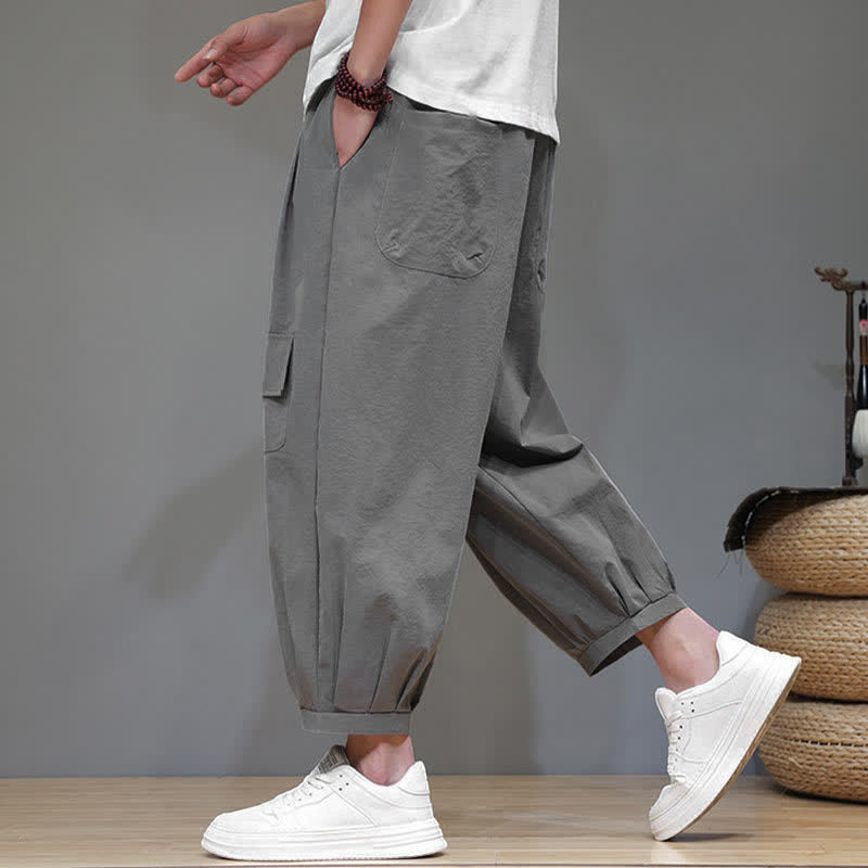 Nimara Ritual Summer Casual Minimalist Drawstring Solid Capri Pants Men's Harem Pants With Pockets