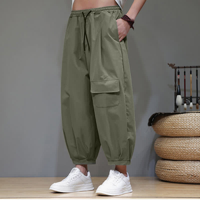 Nimara Ritual Summer Casual Minimalist Drawstring Solid Capri Pants Men's Harem Pants With Pockets