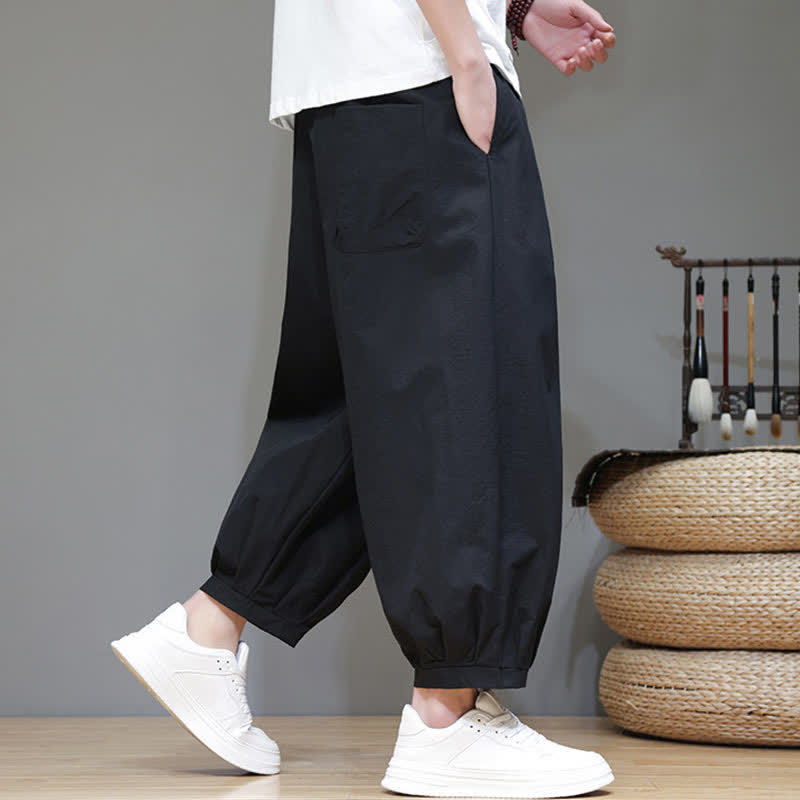 Nimara Ritual Summer Casual Minimalist Drawstring Solid Capri Pants Men's Harem Pants With Pockets