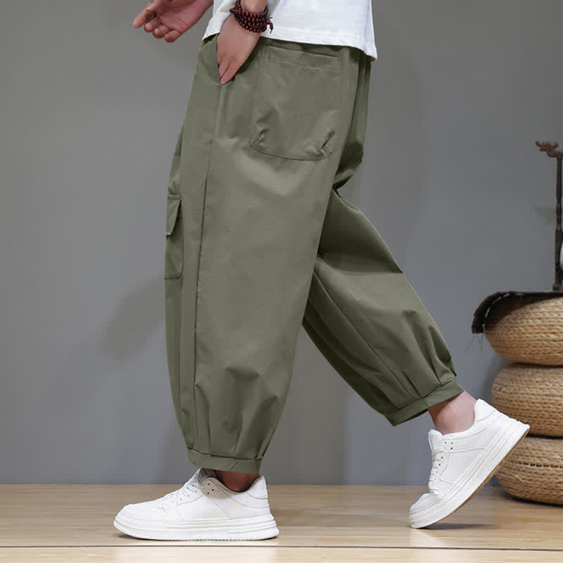 Nimara Ritual Summer Casual Minimalist Drawstring Solid Capri Pants Men's Harem Pants With Pockets