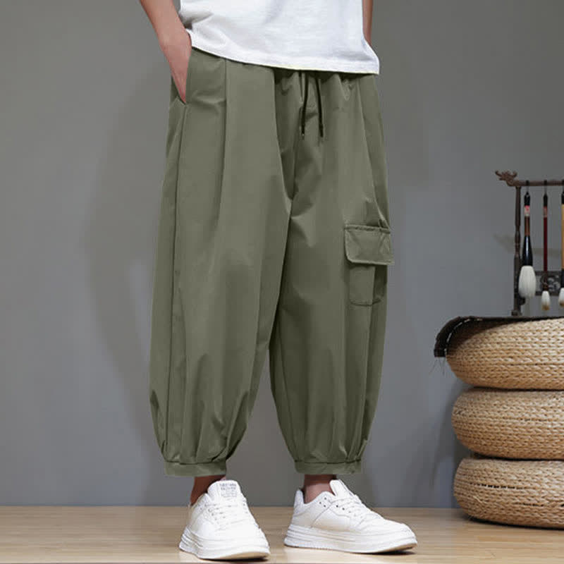 Nimara Ritual Summer Casual Minimalist Drawstring Solid Capri Pants Men's Harem Pants With Pockets