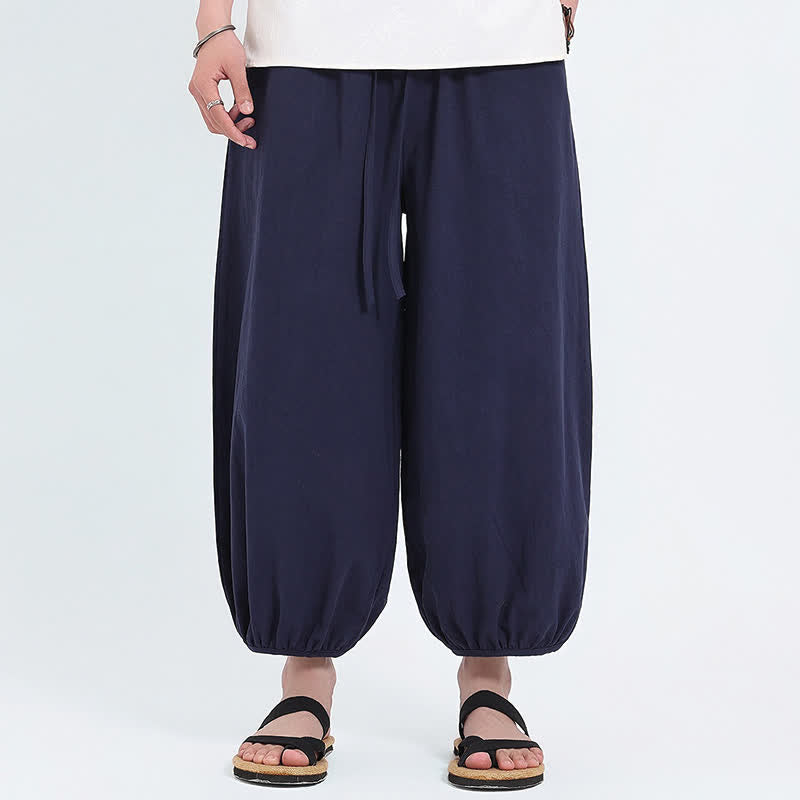 Nimara Ritual Summer Tang Style Casual Drawstring Solid Cropped Pants Men's Harem Pants With Pockets