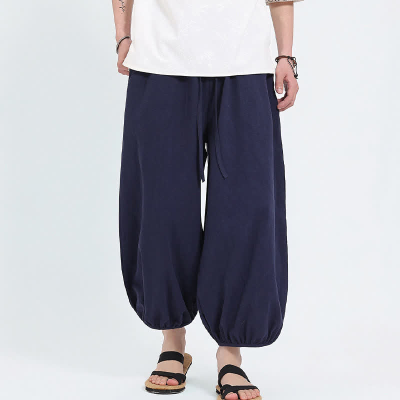 Nimara Ritual Summer Tang Style Casual Drawstring Solid Cropped Pants Men's Harem Pants With Pockets