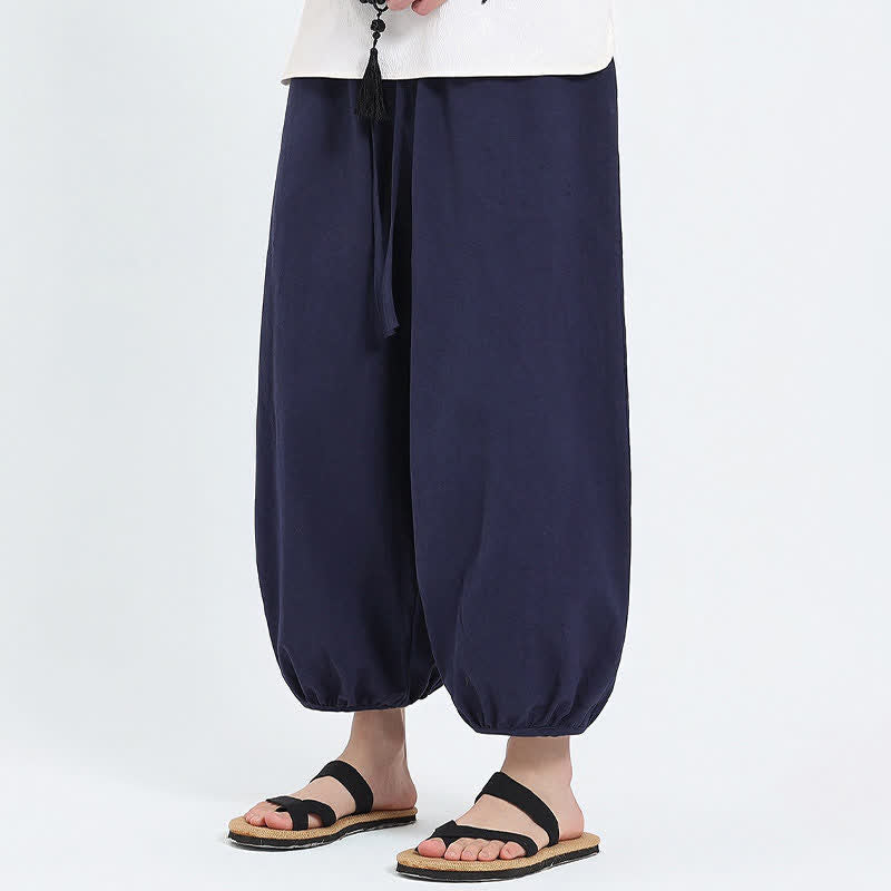 Nimara Ritual Summer Tang Style Casual Drawstring Solid Cropped Pants Men's Harem Pants With Pockets