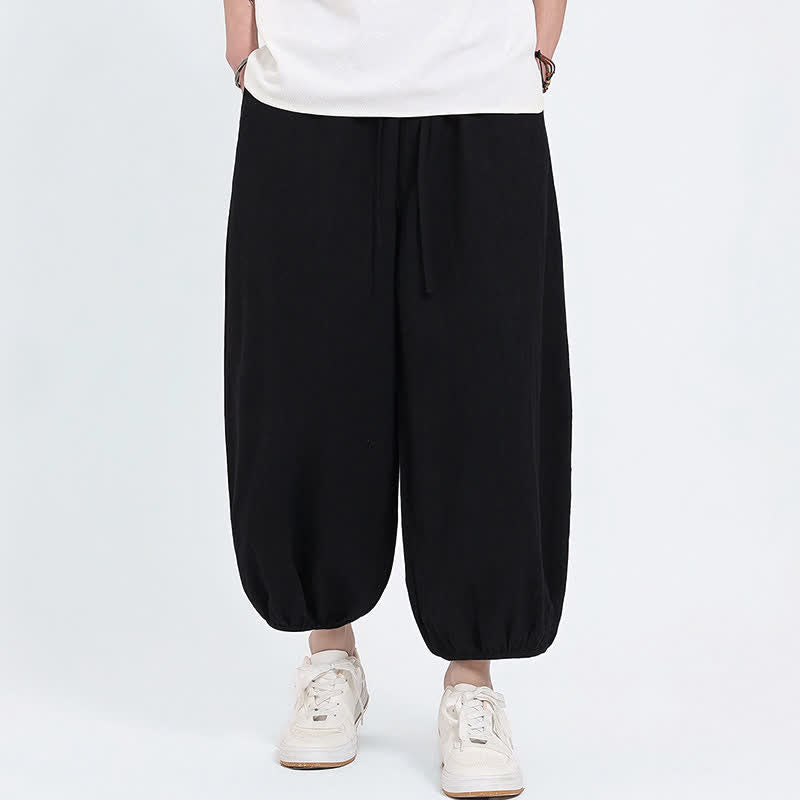 Nimara Ritual Summer Tang Style Casual Drawstring Solid Cropped Pants Men's Harem Pants With Pockets