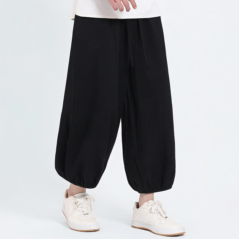 Nimara Ritual Summer Tang Style Casual Drawstring Solid Cropped Pants Men's Harem Pants With Pockets