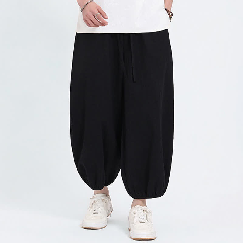Nimara Ritual Summer Tang Style Casual Drawstring Solid Cropped Pants Men's Harem Pants With Pockets