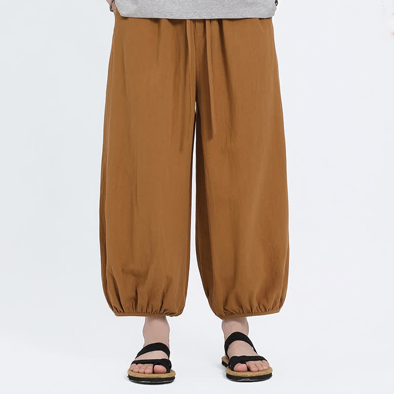 Nimara Ritual Summer Tang Style Casual Drawstring Solid Cropped Pants Men's Harem Pants With Pockets