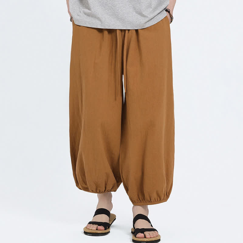 Nimara Ritual Summer Tang Style Casual Drawstring Solid Cropped Pants Men's Harem Pants With Pockets