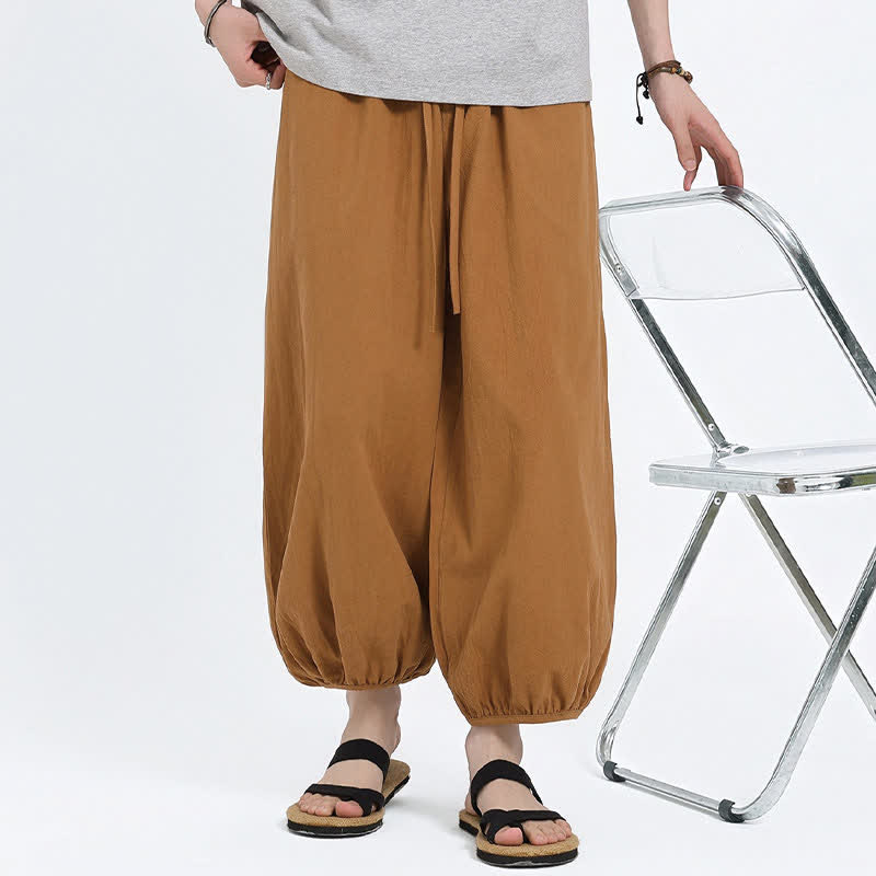 Nimara Ritual Summer Tang Style Casual Drawstring Solid Cropped Pants Men's Harem Pants With Pockets