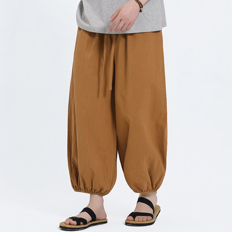 Nimara Ritual Summer Tang Style Casual Drawstring Solid Cropped Pants Men's Harem Pants With Pockets