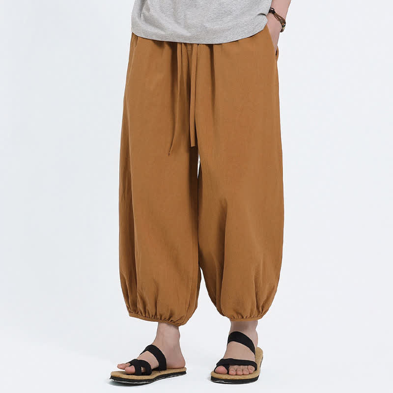 Nimara Ritual Summer Tang Style Casual Drawstring Solid Cropped Pants Men's Harem Pants With Pockets