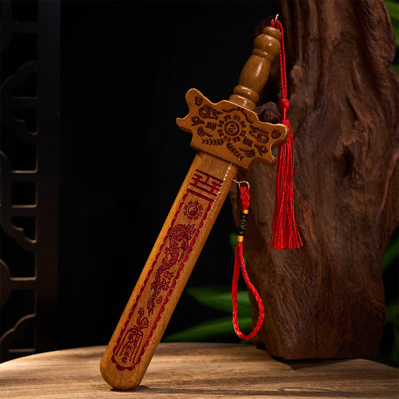 Nimara Ritual Peach Wood Dragon Yin Yang Ritual Protection Sword Hanging Decor
