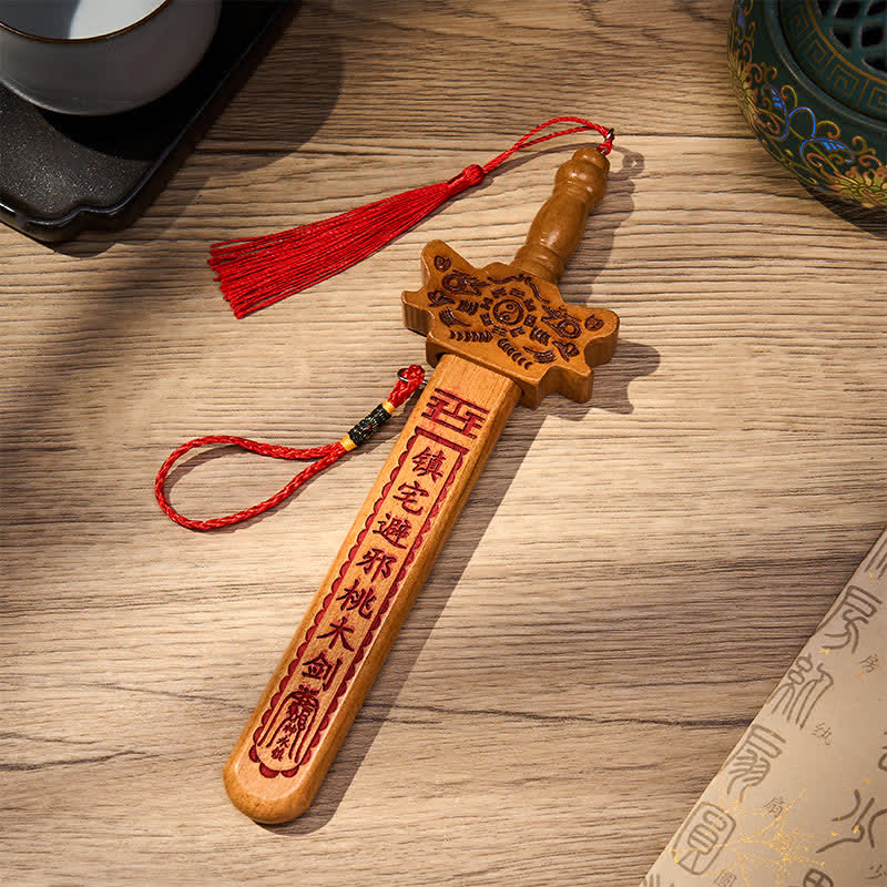 Nimara Ritual Peach Wood Dragon Yin Yang Ritual Protection Sword Hanging Decor