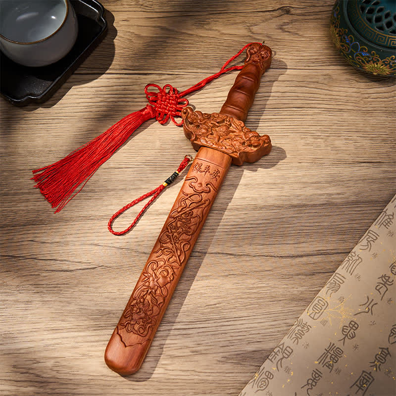 Nimara Ritual Handcarved Peach Wood Dragon Sword Ritual Decor