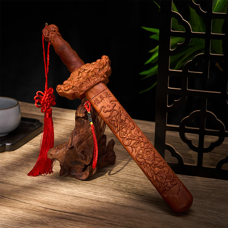 Nimara Ritual Handcarved Peach Wood Dragon Sword Ritual Decor
