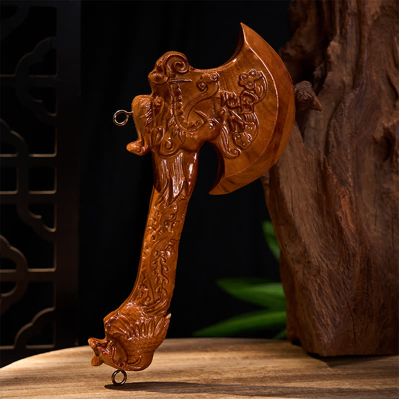 Nimara Ritual Hand Carved Peach Wood Fu Character Dragon Sword Strength Ritual Wall Hanging